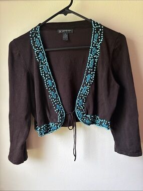 INC International Concepts Rich Brown  Cropped Cardigan with Turquoise Bead Trim
